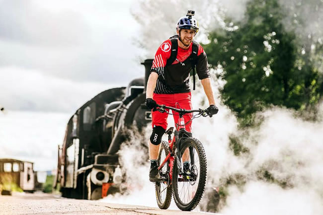 Photograph of Danny MacAskill at Glenbogle station during the filming of the "Wee Day Out"